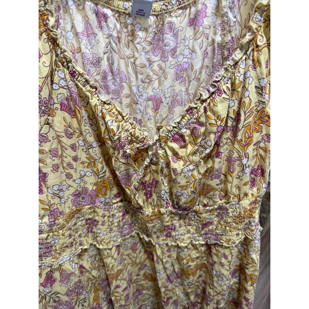 Old Navy Yellow Floral Smocked Waist Midi Dress Pockets Ruffle Cap Sleeve Large - Picture 2 of 6